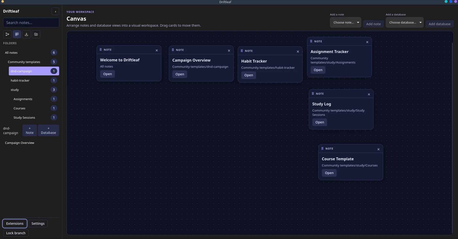 Driftleaf's Canvas view with note and database cards arranged spatially around a workspace