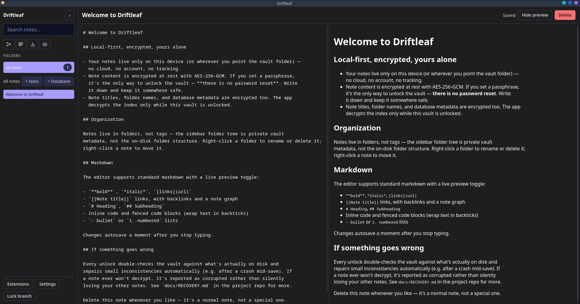 Driftleaf's markdown editor with live preview open side by side, showing the Welcome to Driftleaf note