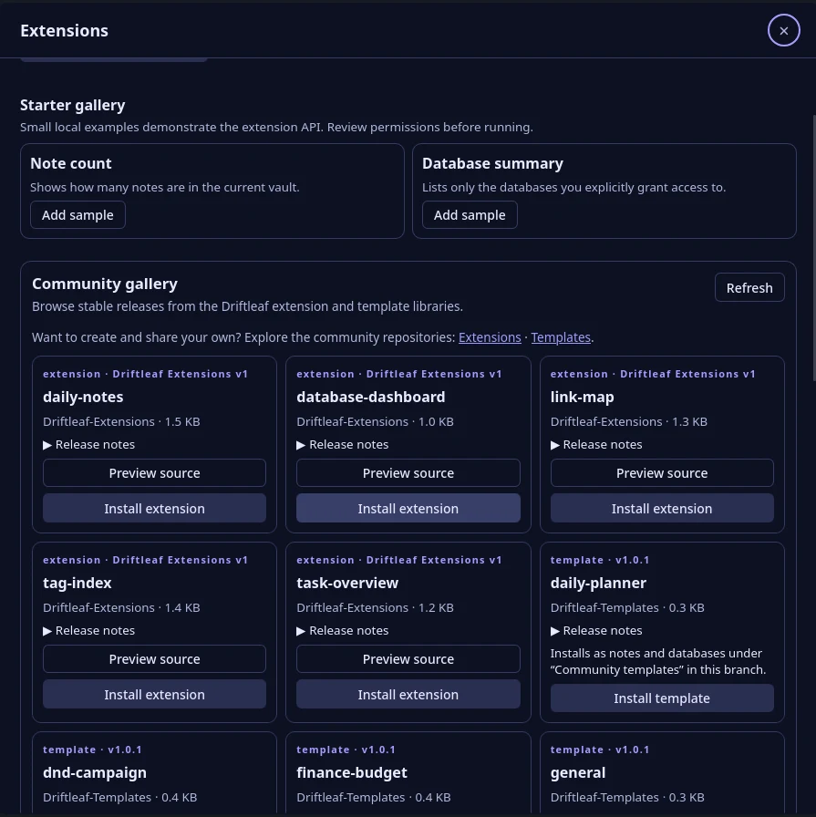 Driftleaf's Extensions gallery, showing starter samples and community extension releases